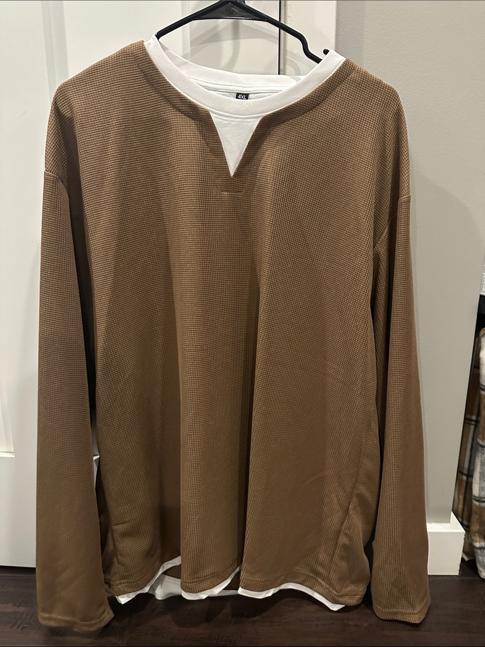Casual Layered-Look Long Sleeve Top in Camel and White